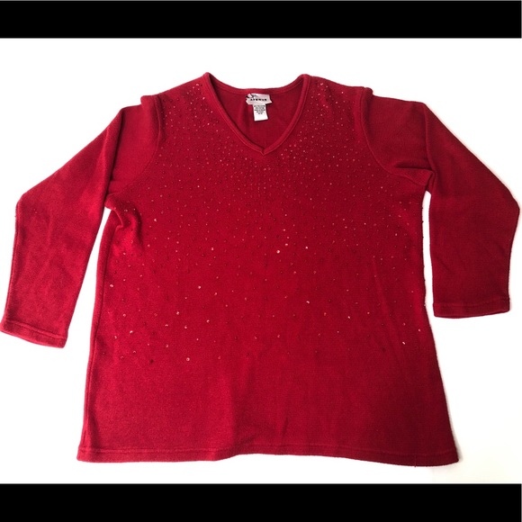 Avenue Women’s Red VNeck Sweater w/ Sequin & Beads - Picture 6 of 9